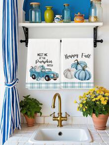 2pcs Autumn Kitchen Towels Kitchen Cloths Polyester Hand Towels With Blue Checkered Pumpkin Truck Pattern Super Soft Woven Dishcloths Machine Washable Ideal For Holiday Gifts & Home Decor - Blue and White - View 4
