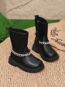 1 Pair Girls' Flat Round Toe Rhinestone Fashion Versatile Mid-Calf Boots, Comfortable Chain Boots - Black - View 3