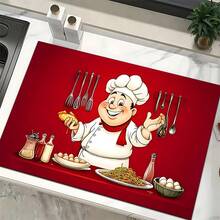 1pc, Home Decor, Chef Pattern Printed Dish Drying Mat, Espresso Machine Countertop Absorbent Mat, Sink Drainage Mat, Soft Faucet Absorbent Mat, Sink Cup Mat, Kitchen Supplies, Bathroom Supplies - Multicolor - View 6
