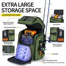 Mochila de pesca impermeable de gran capacidad con organizador de 18 compartimentos para aparejos, soporte para caña y respaldo transpirable para viajes al aire libre - Multicolor - Ver 3