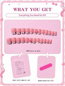 Sanrio Hello Kitty 24片短方型3D豹紋與奶牛印花法式穿戴甲，Hello Kitty與粉色蝴蝶結設計，完美貼合壓克力假指甲套組，含1片果凍膠與1片指甲锉，適合女孩日常與派對使用 - 彩色 - 查看 4