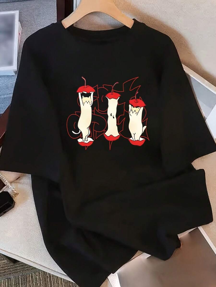 Camiseta de manga corta para mujer con diseño y estampado únicos, nuevo estilo de verano holgado para , top favorecedor para - Negro - Ver 1