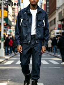 Men's Denim Suit. Made Of Thickened Fabric, With Pockets, Suitable For Everyday Wear. | Men's Denim Suit | Street Style - Black - View 1