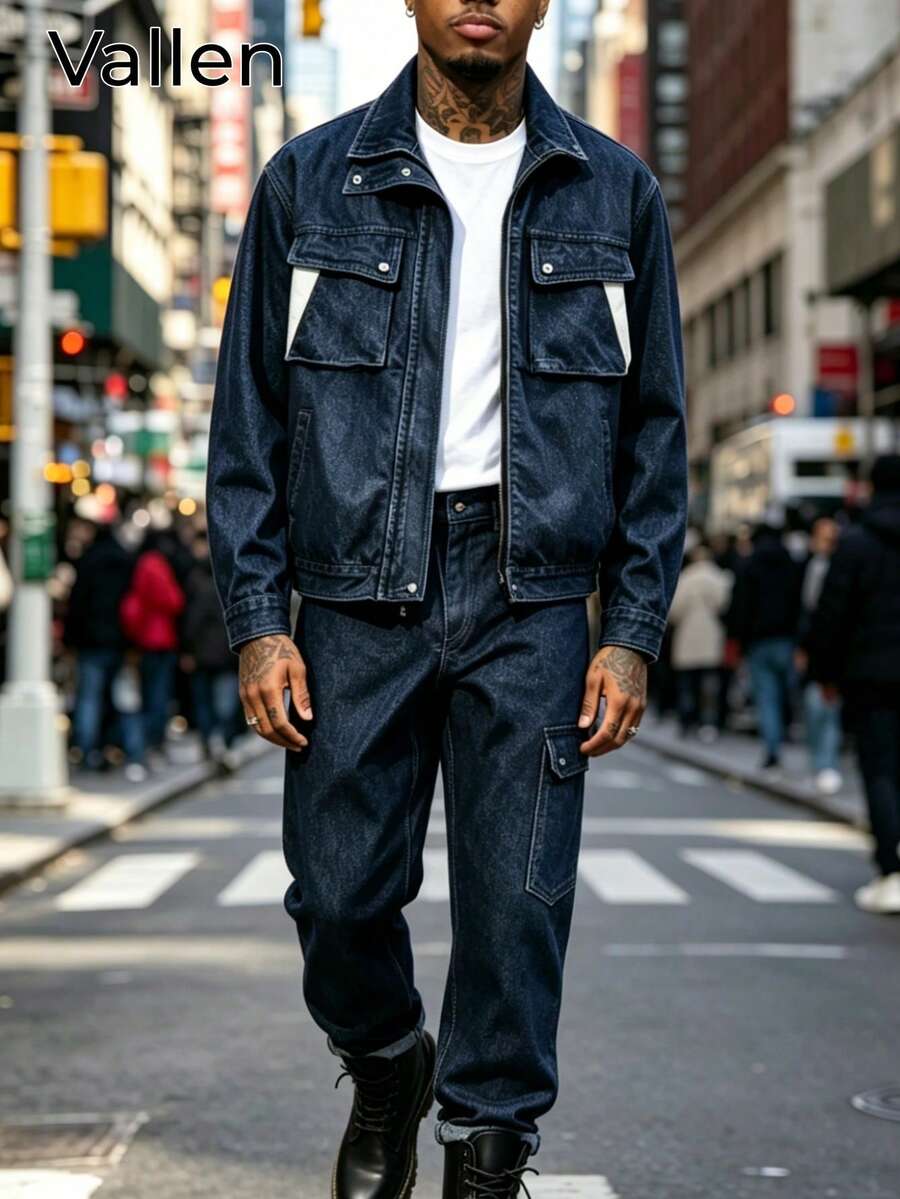 Men's Denim Suit. Made Of Thickened Fabric, With Pockets, Suitable For Everyday Wear. | Men's Denim Suit | Street Style - Black - View 1