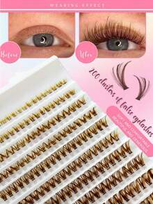 200pcs Brown Cluster False Eyelashes, D Curl Voluminous, Brown Eyelash Extensions, Single Eyelashes, Dense Natural Look, DIY Home Eyelash Extensions - Brown - View 7