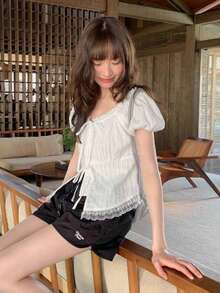 Solid Color Lace Trim Tie Front Short Sleeve Blouse Women's Summer Top White - White - View 8