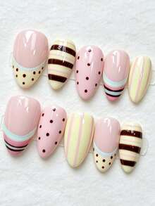 10pcs Almond-Shaped Nude Pink Transparent Base Handmade Wearable Nail Tips, Hand-Painted Macaron Color-Block Striped Polka Dot French Sweet Daily Nail Art Stickers, Reusable, Suitable For Beach Vacation Party, Summer Daily Girls Holiday Gift - Multicolor - View 3
