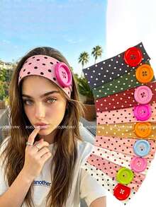 1pc Summer Dopamine Oversized Button Headband, Fashionable Ins Style Polka Dot Elastic Headband, Niche Design Handmade Sewn, American Vintage Polka Dot Wide Band Headband For Women, High Elasticity Fabric Hair Tie, Dopamine Color Block Large Button Design, Modifies Cranial Top, Suitable For Home Skincare, Vacation, Photo-Worthy, Versatile Head Accessory - Multicolor - View 3