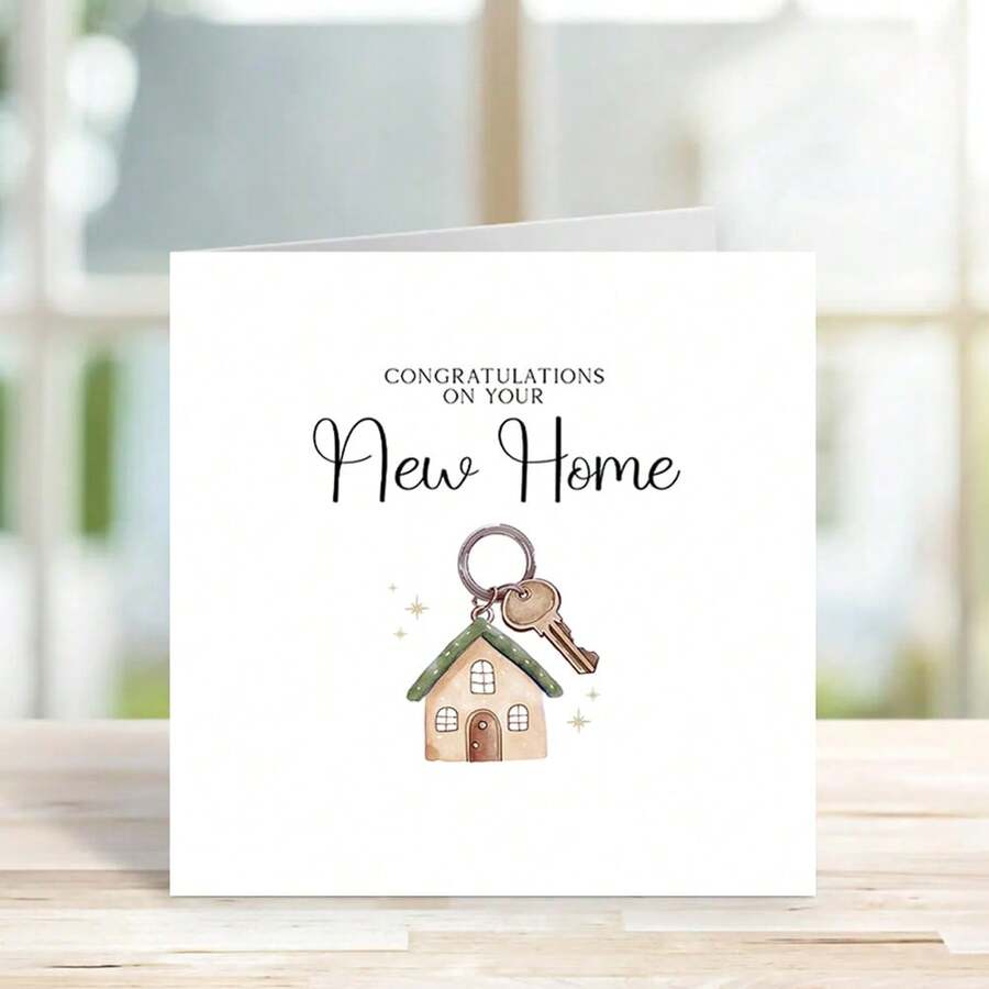 New Home Card, New Home Congratulations Greeting Card, Watercolor House & Key Illustration Housewarming Card, Sweet Minimalist Moving Gift Note Card For Friends Family Couple - Multicolor - View 1