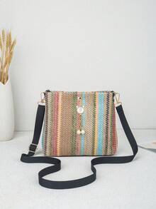 2026 New Fashion Japanese Style Cat Head Pearl Pendant Shoulder Bag, Fresh Sweet Rainbow Woven Crossbody Bag - Multicolor - View 7