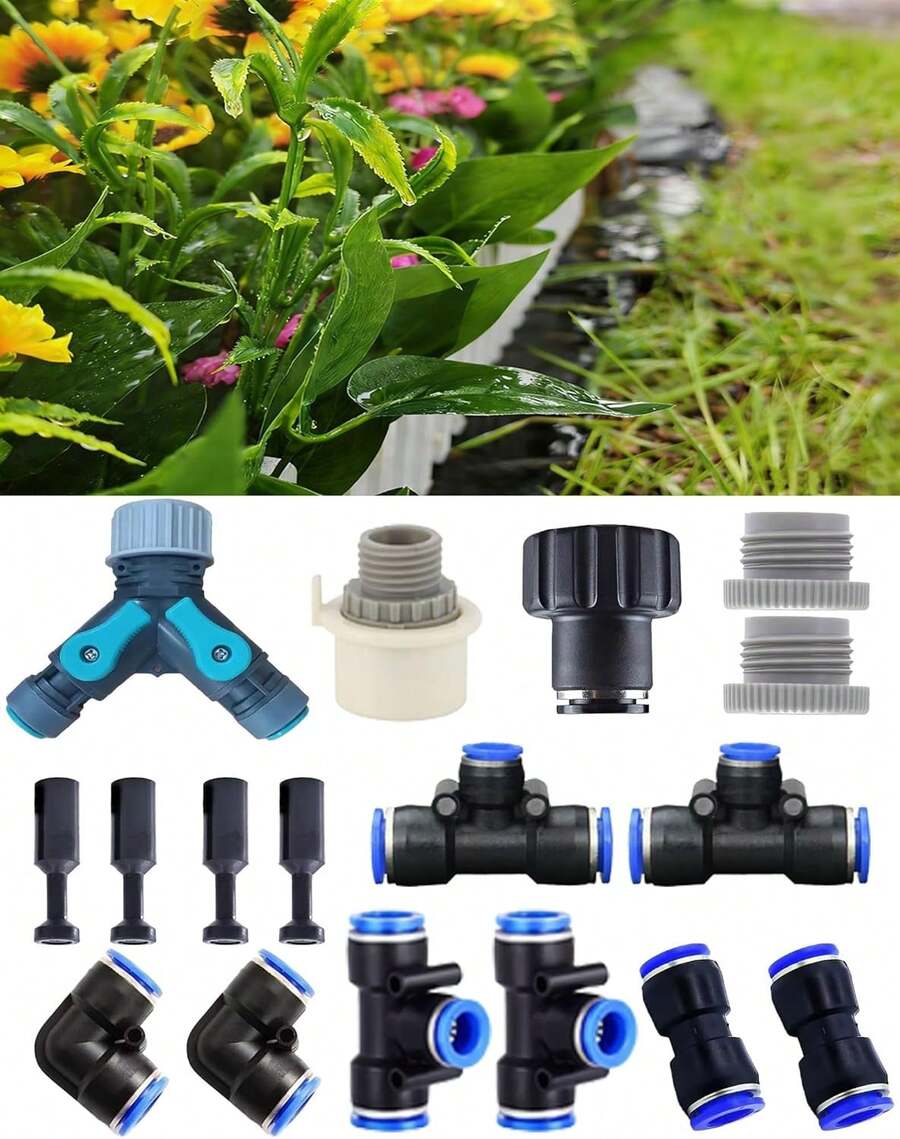 Drip Irrigation System - 360° Adjustable Micro Sprinkler Kit, Easy Tool-Free Installation, Fine Mist Spray For Potted Garden Plants, Greenhouse - 17 件組滴灌配件套裝 - 查看 1