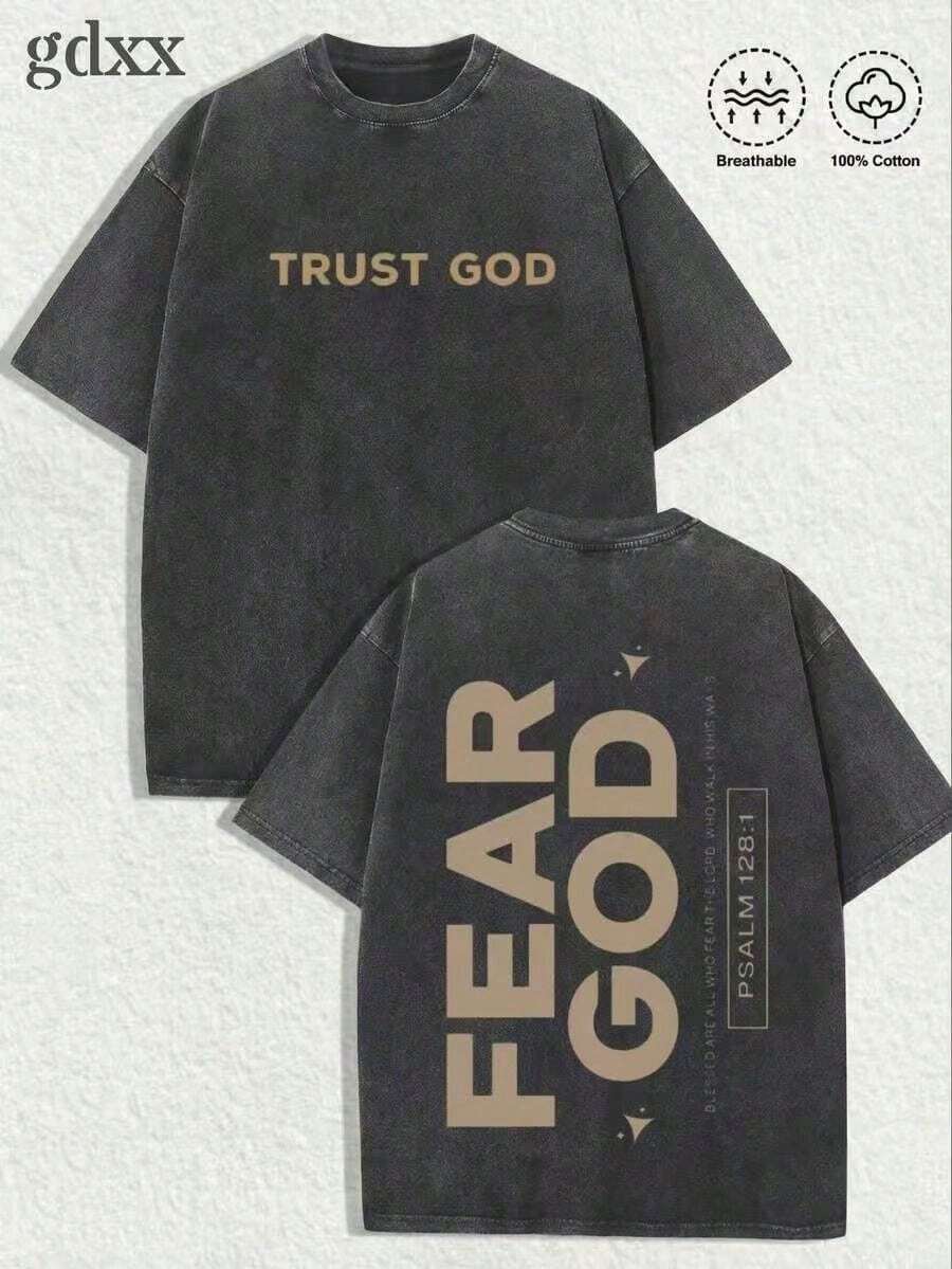 Jesus Graphic Print T-Shirt 'God Has A Plan', Double-Sided Print, Washed T-Shirt, Party Favors, Y2K Graphic Tees For Men, Vintage Washed Style T-Shirts - Black 3 - View 1