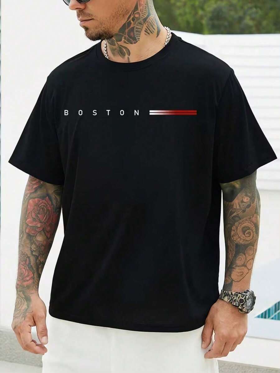Versatile Casual Loose Fit Short Sleeve T-Shirt With Fun Print, For Vacation, Work And Everyday Wear - Merah dan hitam - View 1