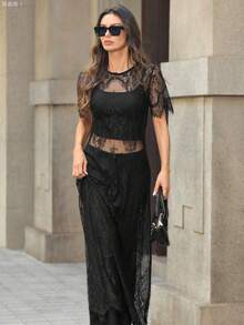 jianchaimaoyi02  Conjunto de vestido de encaje negro de manga corta de unicolor elegante para mujer, uso versátil para festival de música, viaj - Burdeos - Ver 7