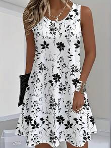 [Vestido floral para mujer] Vestido casual de fibra sedosa con estampado floral digital para mujer, primavera/verano, estilo europeo y americano - Azul - Ver 6