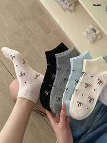 1/4/5/10 Pairs Random Style Women's Bowknot Polka Dot Striped Solid Color Minimalist Lace Short Socks, Soft Comfortable Breathable, Preppy Fashion All Season, Women's Boat Socks Student Socks, Ladies Short Socks, Autumn Socks, Comfortable Breathable, Girls Socks, Adult Socks, Suitable For Home And Travel Use - Multicolor - View 5