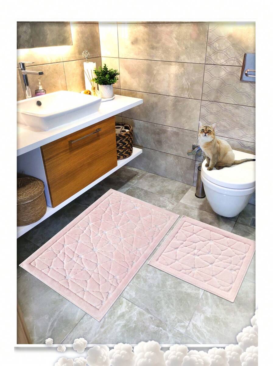 Cotton Woven Absorbent Bath Mat Set, Glass Pattern Bathroom Rug Set 60x100 Cm - 60x50 Cm