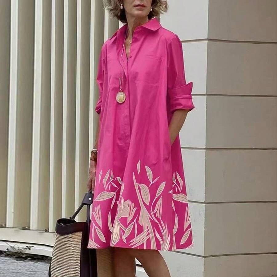 Simple Mid-Length Dress With Sleeves And A European And American Style Print. - 紅色 - 查看 1