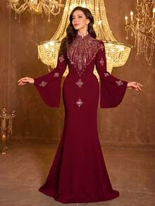 UNITHORSE 女款立領長袖修身亞麻晚禮服，適合婚禮派對 - 酒紅色 - 查看 2