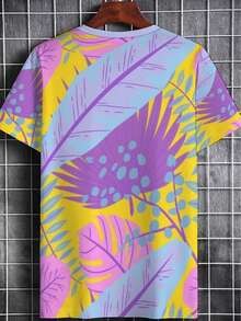 Camiseta ligera para hombre con estampado de patrón tropical vibrante en morado y amarillo, sin textura, perfecta para uso casual en casa, restaurante o actividades al aire libre, diseño dur - Negro - Ver 3