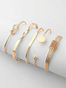 Ashenrae 5pcs Set 18K Gold Plated Stainless Steel Minimalist Chain Bracelet, Fashion Gold Mixed Knot Open Bangle Wrist Accessories - Gold - View 1
