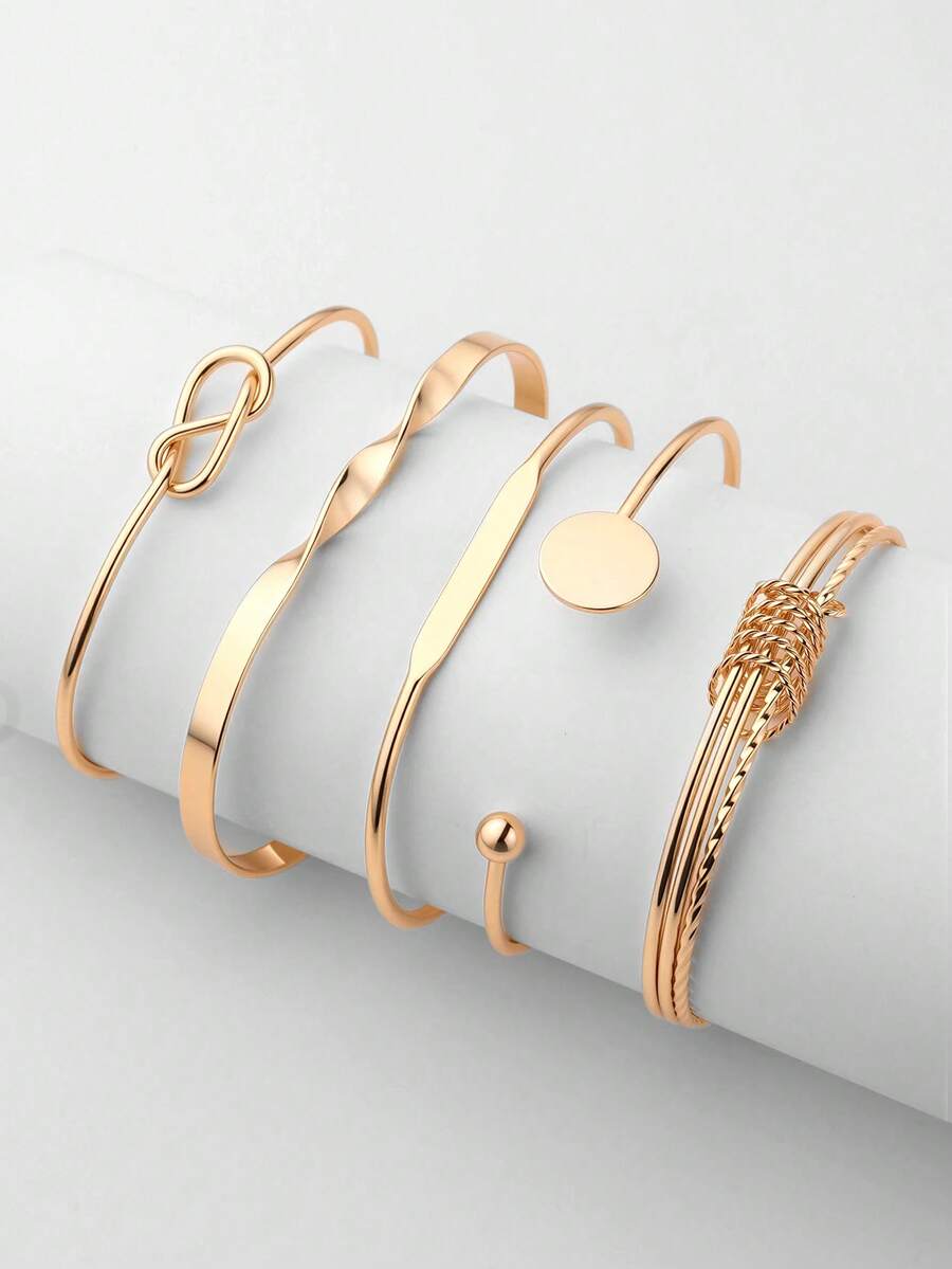 Ashenrae 5pcs Set 18K Gold Plated Stainless Steel Minimalist Chain Bracelet, Fashion Gold Mixed Knot Open Bangle Wrist Accessories - Gold - View 1