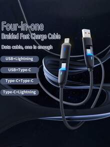 Durcord 四合一 1 米/3.28 英尺/39.37 英寸 100W（最大）尼龙编织 Lightning 数据线，兼容 17/16/15/14/13/12/Pro Max 系列、Galaxy S25 系列及其他智能手机，通用高效充电适配器，充电及数据同步线 - 彩色 - 查看 9
