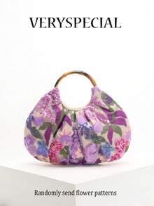 Bolso de mano para mujer, novedad de primavera 2024, de una sola pieza, de color sólido, con perlas sintéticas brillantes, diseño de nube en PU, moderno y con costuras concisas. - Morado - Ver 2