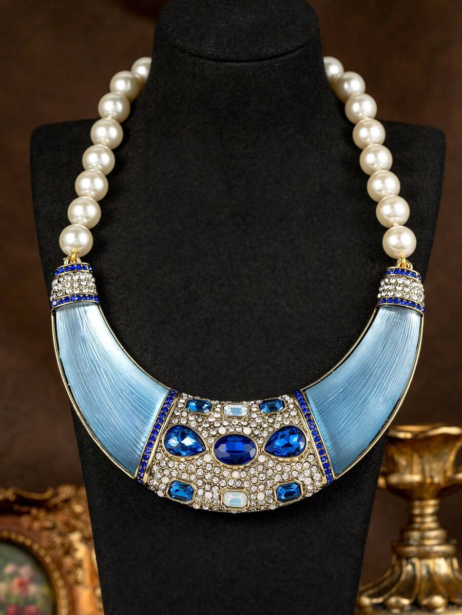 Collar de Perlas & Zafiros Estilo Corte Vintage, Versátil para Banquetes, Fiestas y Desplazamientos Diarios, Exquisito Ribete de Strass Completo con Diseño Degradado Azul, Elegante y Sofisticado, Regalo de Aniversario Perfecto para la Novia o la Mejor Amiga - collar - Ver 1