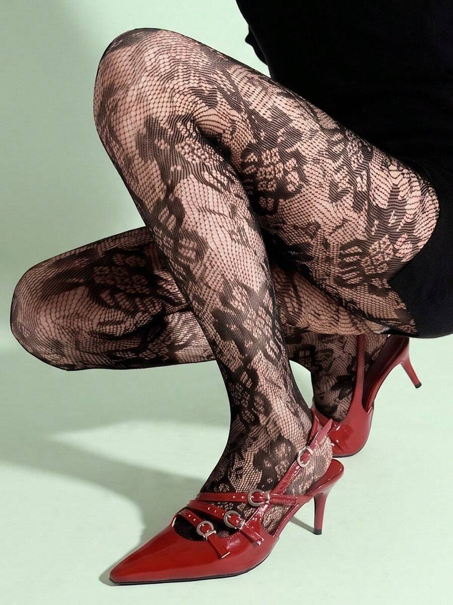 Black Vintage Floral Lace Tights, High Elasticity Anti-Snagging, Commute Party Sexy Slimming Hollow Floral Pattern Black Stockings - Black - View 1