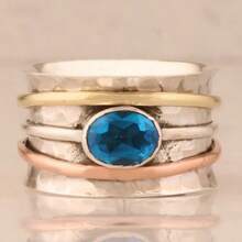 Women's Retro Tri-Color Wide Band Ring, Inlaid With Blue Synthetic Cubic Zirconia, Atmospheric Party Ring - Silver - View 1
