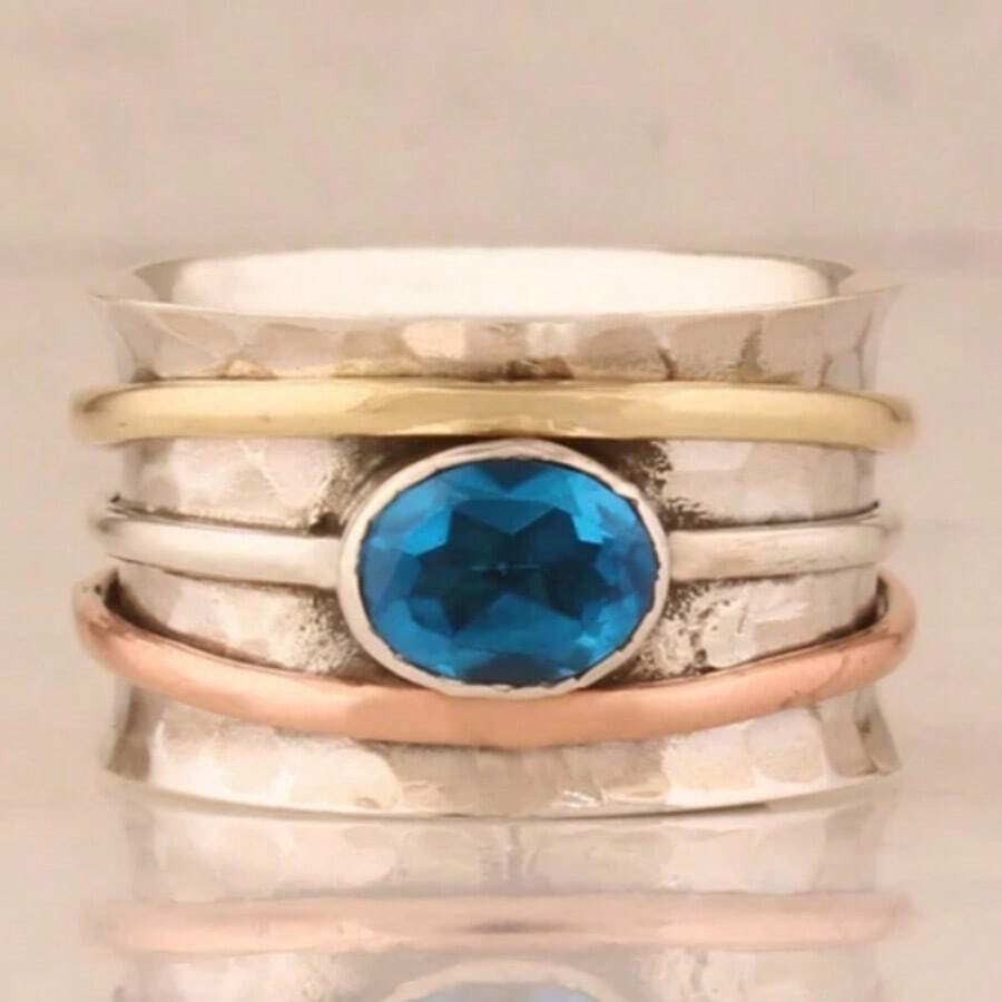 Women's Retro Tri-Color Wide Band Ring, Inlaid With Blue Synthetic Cubic Zirconia, Atmospheric Party Ring - Silver - View 1