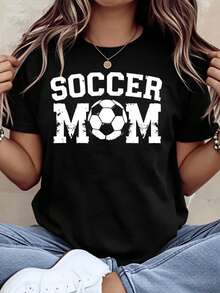 1 Pack Of Black Cotton Graphic Print T-Shirts For Women And Girls, Soccer Fan Clothing, Sports Gift For Mother's Day. - 黑色 - 查看 1