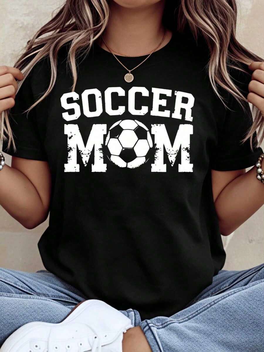 1 Pack Of Black Cotton Graphic Print T-Shirts For Women And Girls, Soccer Fan Clothing, Sports Gift For Mother's Day. - 黑色 - 查看 1