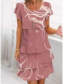 Vestido de gasa de primavera con estampado 3D de manga corta y cuello redondo de , estilo europeo y americano. - flores blanquecinas - Ver 10