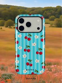 GIIPPA 1pc Teal Striped Background With Cherry And Floral Pattern Design, Phone 17 Pro Max Phone Case, Compatible With Phone 16 Pro Max, 15 Pro Max, 14 Pro Max, Korean-Style High-End Fashion Fun Phone Case, Compatible With 11/12/13/14/15/131 Pro Max Plus, Elegant Design Suitable For Men And Women, Perfect Gift For Girlfriend On Christmas, Valentine's Day, Easter, Wedding Season And Birthday! - Cadet Blue - View 7