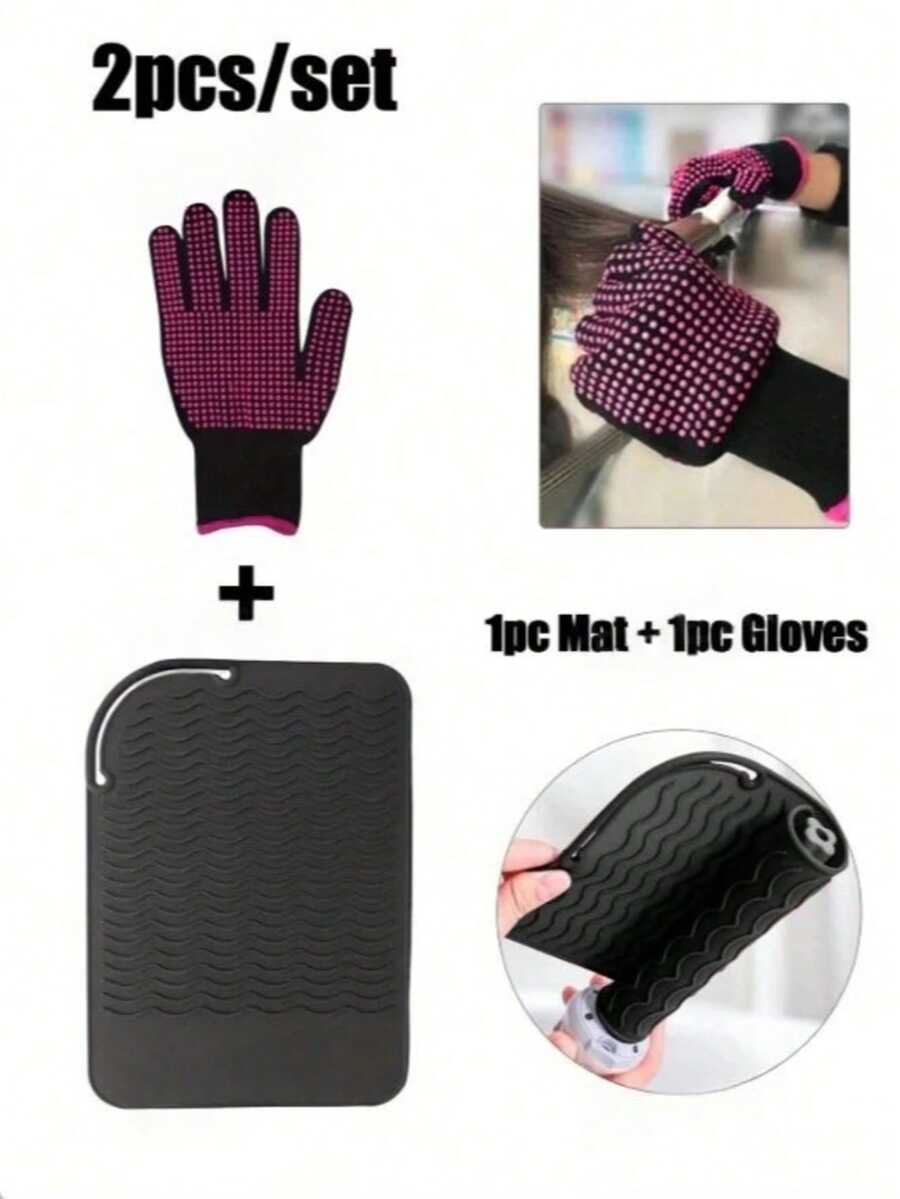 2pcs Heat Resistant Mat And Glove Set, Suitable For Curling Irons, Flat Irons And Straighteners, Protects Hair And Hands From Heat Damage - Multicolor - View 1