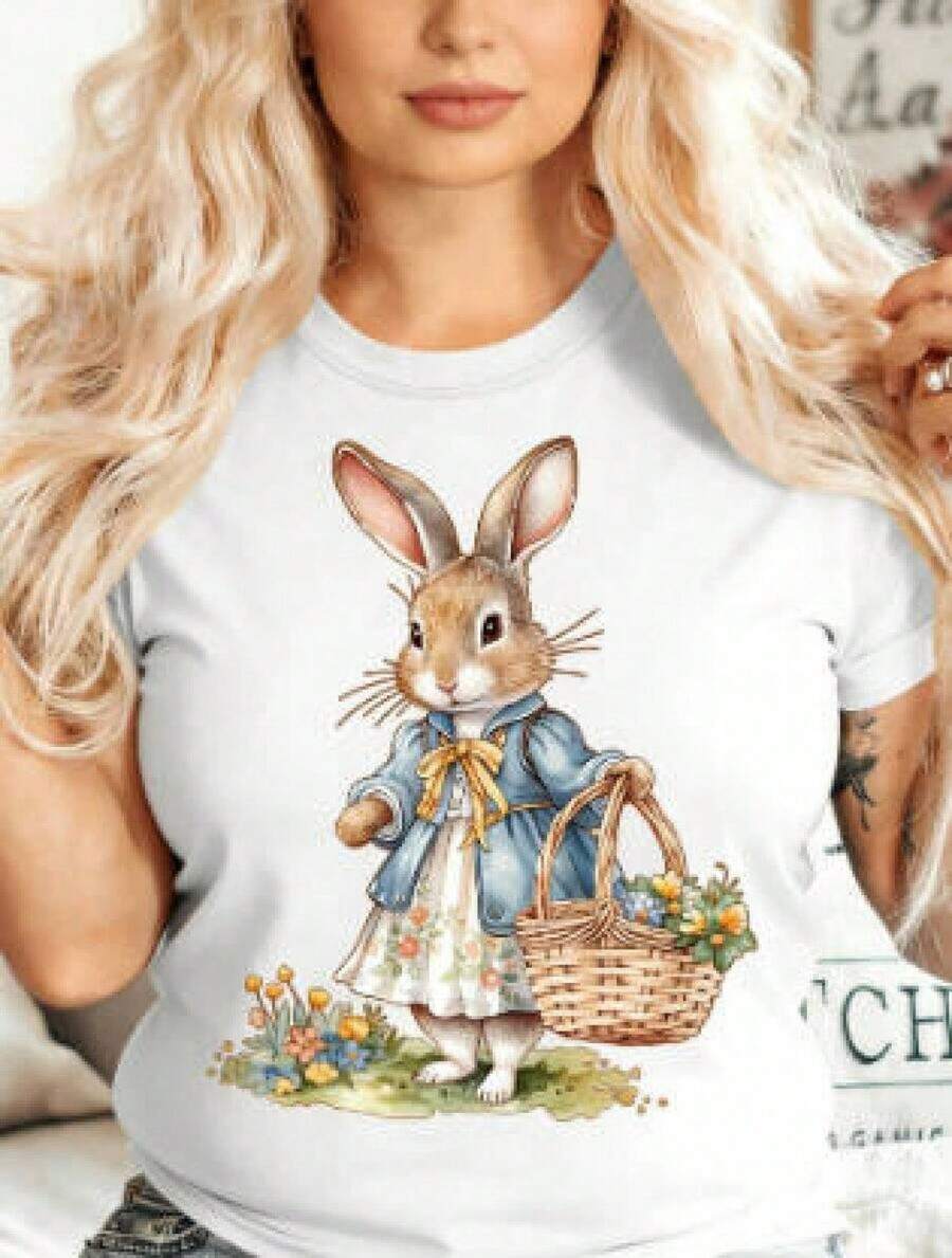 Women's Vintage Short Sleeve Round Neck Easter Bunny Print Top, Soft, Comfortable, And Stylish Fabric. Versatile Casual Sporty Style For All Seasons, Available In Size 5AKL - 白色 - 查看 1