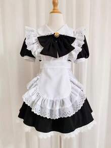 [2026新作] 白黒 メイド服 ロリータ 4点セット可愛い 大きなリボンドレス 40〜60kg コスプレ アニメ エプロン付き ロリィタファッション  ワンピース+エプロン+レースカチューシャ+大リボン コスプレアニメ - ブラック - チェックする 5