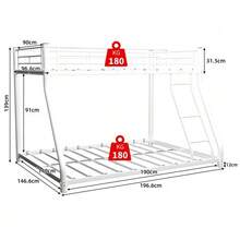 Cadre de lit superposé en métal robuste, un lit supérieur de 90*140cm et un lit inférieur de 140*190cm, conception peu encombrante avec échelle et barrières de sur toute la longueur, idéal pour les adolescents et les adultes, style moderne. - Blanc - Voir 2