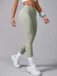 Women's 1pc Solid Color High Waist Seamless Elastic Ribbed Waist Design Slim Fit Fashion Versatile Daily Sports Leggings, Outdoor Running Fall - Light Grey - View 6