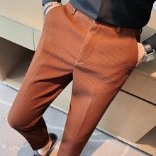 남성 와플 슬랙스 사계절 비즈니스 9부 팬츠 스트레이트 핏 주름없는 고급스러운 남자 바지  남성 와플 텍스처 슬랙스/쿨링 와이드 슬림팬츠/여름 오피스 캐주얼 바지 - 커피 브라운 - 보기 7