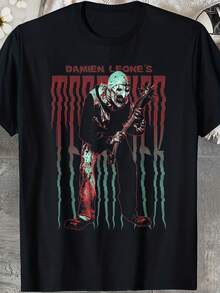 Men's Horror Clown Design T-Shirt - Black Graphic Tee With A Horror Clown And Damien Leon Logo, Casual Crew Neck For Horror Movie Enthusiasts - 黑色 - 查看 2