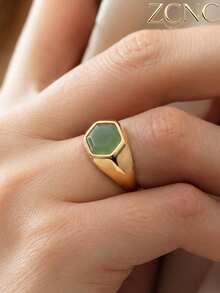 1pc 18K Gold Plated Women's Natural Stone Geometric Pattern Stainless Steel Ring (Green/Purple/Black) Suitable For Daily Wear, Party, Business Meeting And Other Occasions, Ideal For Valentine's Day/Anniversary/Gift/Mother's Day/Halloween/Christmas/Elderly Jewelry Gift - Ring - View 12