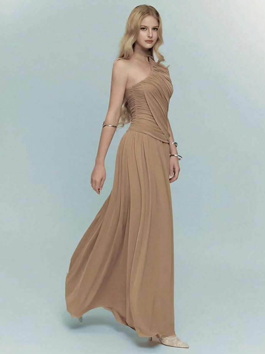Elegant Sleeveless Halter Backless Glamorous Long Cocktail Dress With Slight Stretch Sheer Knitted Fabric Wedding Party - Khaki - View 1