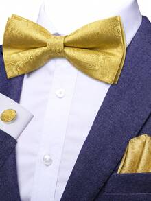 5Pcs Yellow Paisley Jacquard Men Accessory Set, Bow Tie Pocket Square Cufflinks Ring Boutonniere, Random Cufflink Patterns, For Groom Wedding - Yellow - View 4