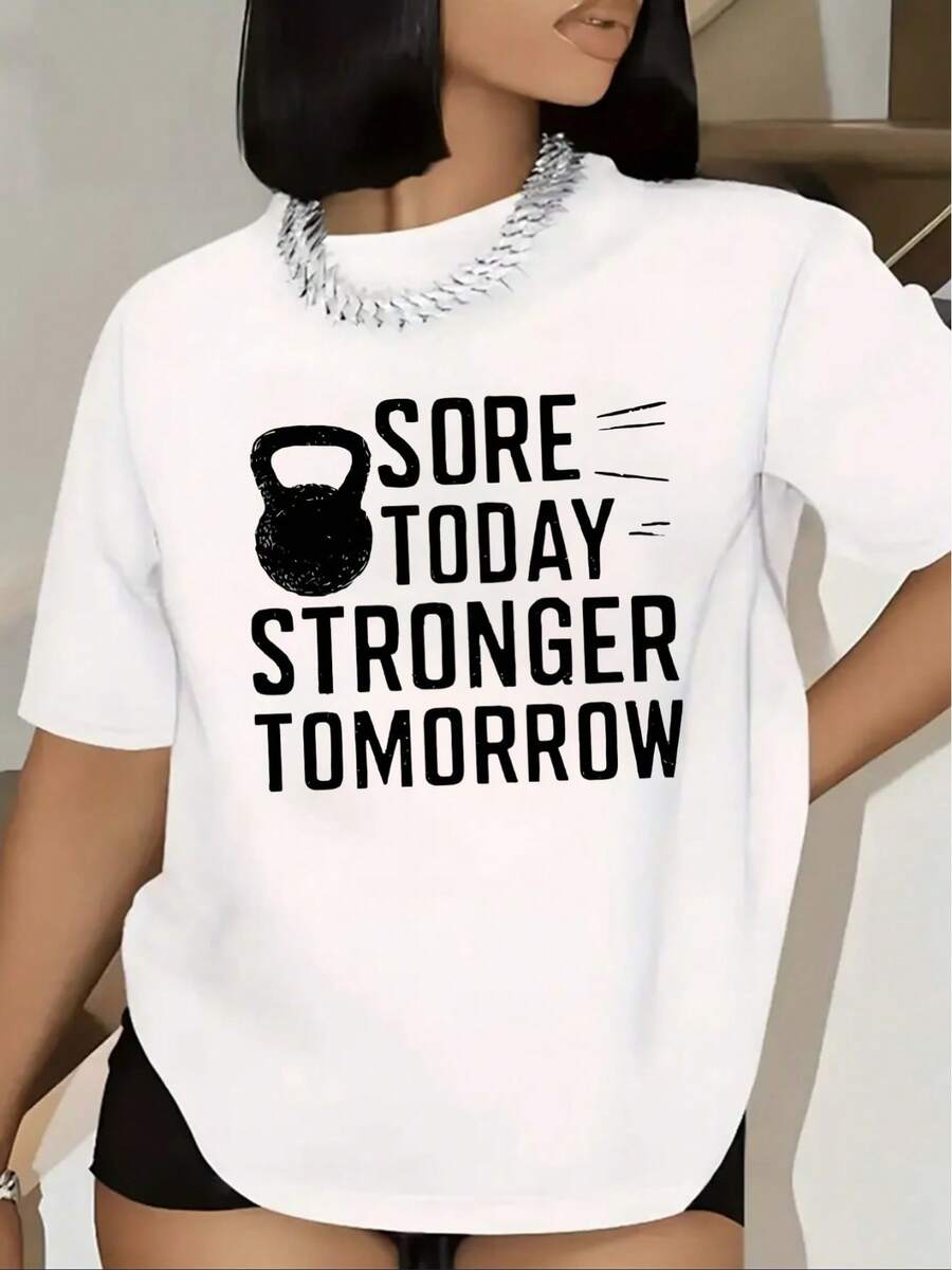 Women's T-Shirt - Motivational Workout T-Shirt For Women "Pain Today, Stronger Tomorrow" - Comfortable Short Sleeve Fitness T-Shirt With Printed Gym Slogan, Crew Neck - 白色 - 查看 1