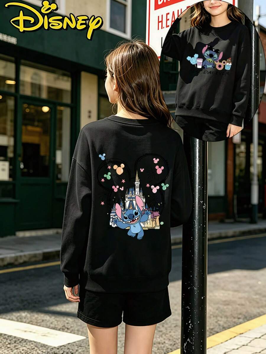 Teen Girl Clothes Disney Lilo And Stitch Castle Mickey Balloon Print Loose Fit Crewneck Sweatshirt - 黑色 - 查看 1