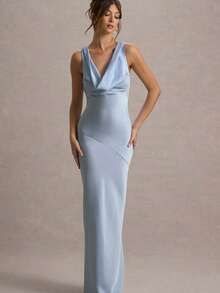 Spring And Autumn Women's Folded Ribbon Sparkling Evening DressLoose And Comfortable - Light Blue - View 2