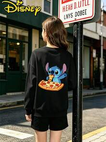 Teen Girl Clothes Disney Lilo And Stitch Pizza Food Print Loose Fit Crewneck Sweatshirt - 黑色 - 查看 3